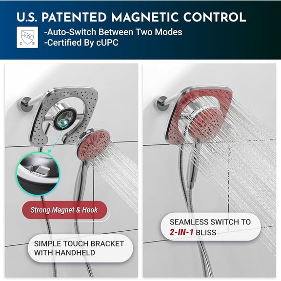 Shower Head Handheld Spray Combo 10 Mode Spray Settings Magnetic 2-in-1 High Pressure Dual Showerhead Auto-Switch Square Combination, Chrome