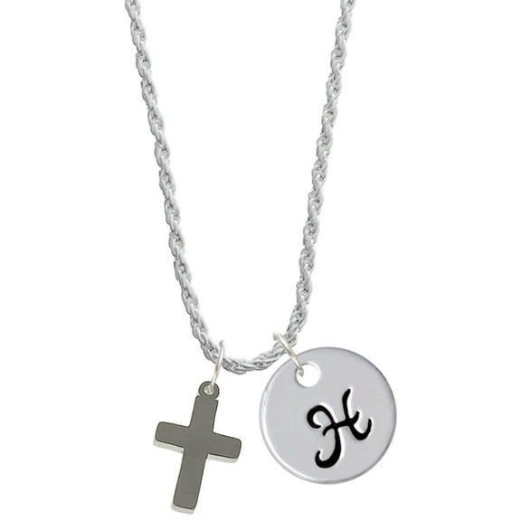 Delight Jewelry Stainless Steel 5/8" Cross - Silvertone Script Initial Disc - H - Charm Necklace, 20"+3"