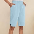 thumbnail image 2 of Cotton Linen Shorts for Women Knee Length Bermuda Shorts Casual Wide Leg Elastic Waist Summer Beach Shorts with Pockets, 2 of 7