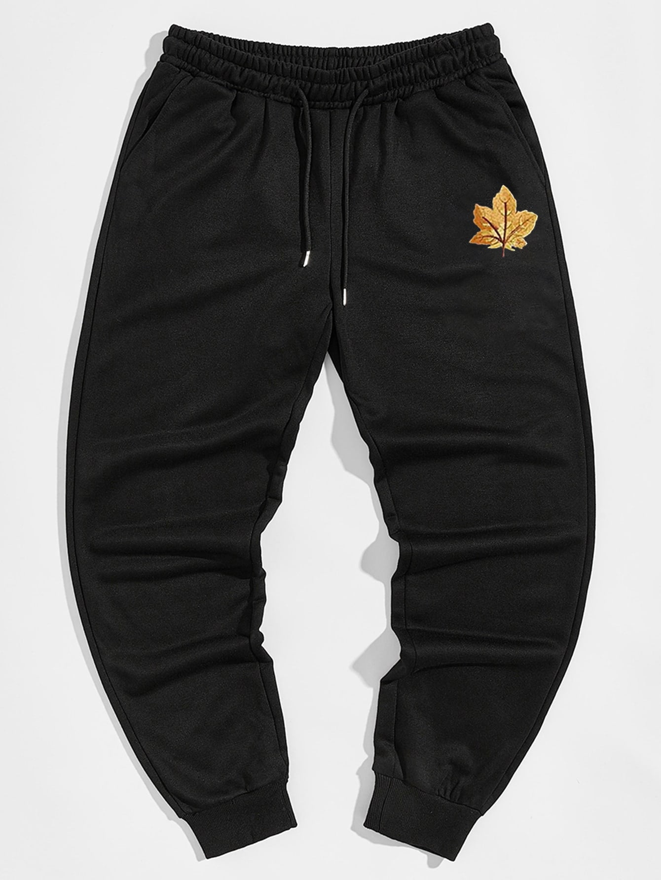 Black Men Maple Leaf Print Drawstring 