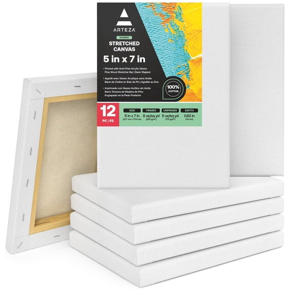 Arteza 5" x 7" Stretched Canvas, Set of 12, White Cotton