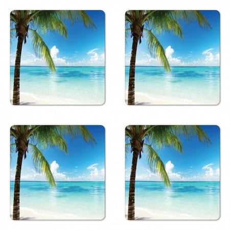 

Ocean Coaster Set of 4 Exotic Beach Water and Palm Tree by the Shore Clear Sky Landscape Image Square Hardboard Gloss Coasters Standard Size Green Blue White by Ambesonne