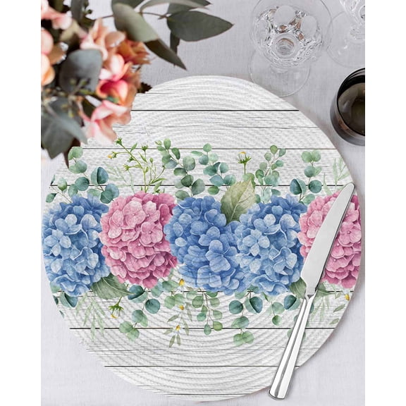 15 Inch Round Placemats Set of 6, Blue Pink Hydrangea Non Slip Heat Insulation PP Table Mats, Eucalyptus Leaves Wooden Summer Botanical Washable Place Mats for Kitchen Dining Party Table Decor