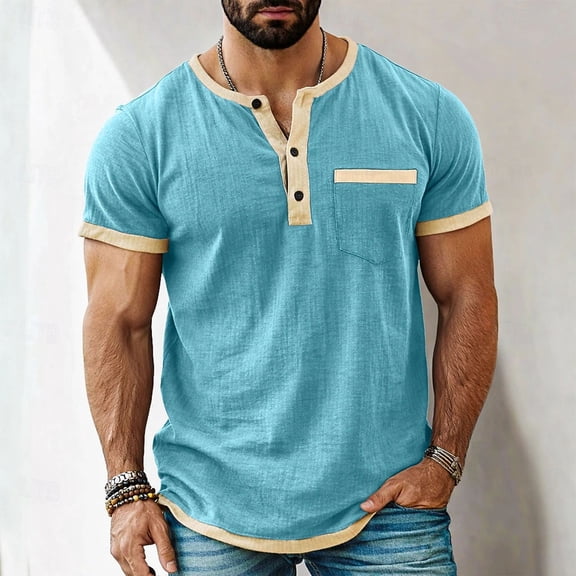 snilers Mens Muscle Henley Shirts Color Block Lightweight Workout T-Shirt Gym Tees Athletic Short Sleeve Shirt with Pocket M-4XL