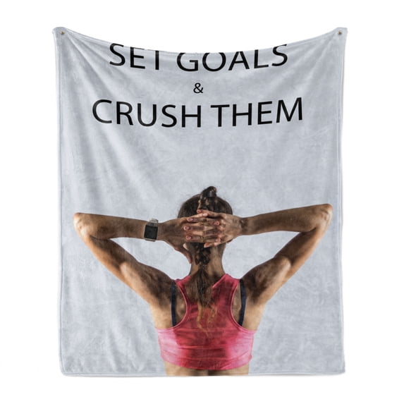 Fitness Soft Flannel Fleece Blanket, Athletic Model Woman Back View Set Goals and Crush Them Fit Female Body Form, Cozy Plush for Indoor and Outdoor Use, 50" x 60", Beige Pink Black, by Ambesonne