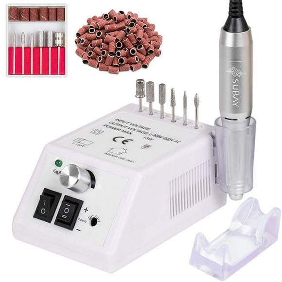 SUBAY Taladro eléctrico profesional para el cuidado de las uñas, kit de manicura y pedicura, taladro eléctrico para lima de uñas con 1 paquete de bandas de lijado, color blanco