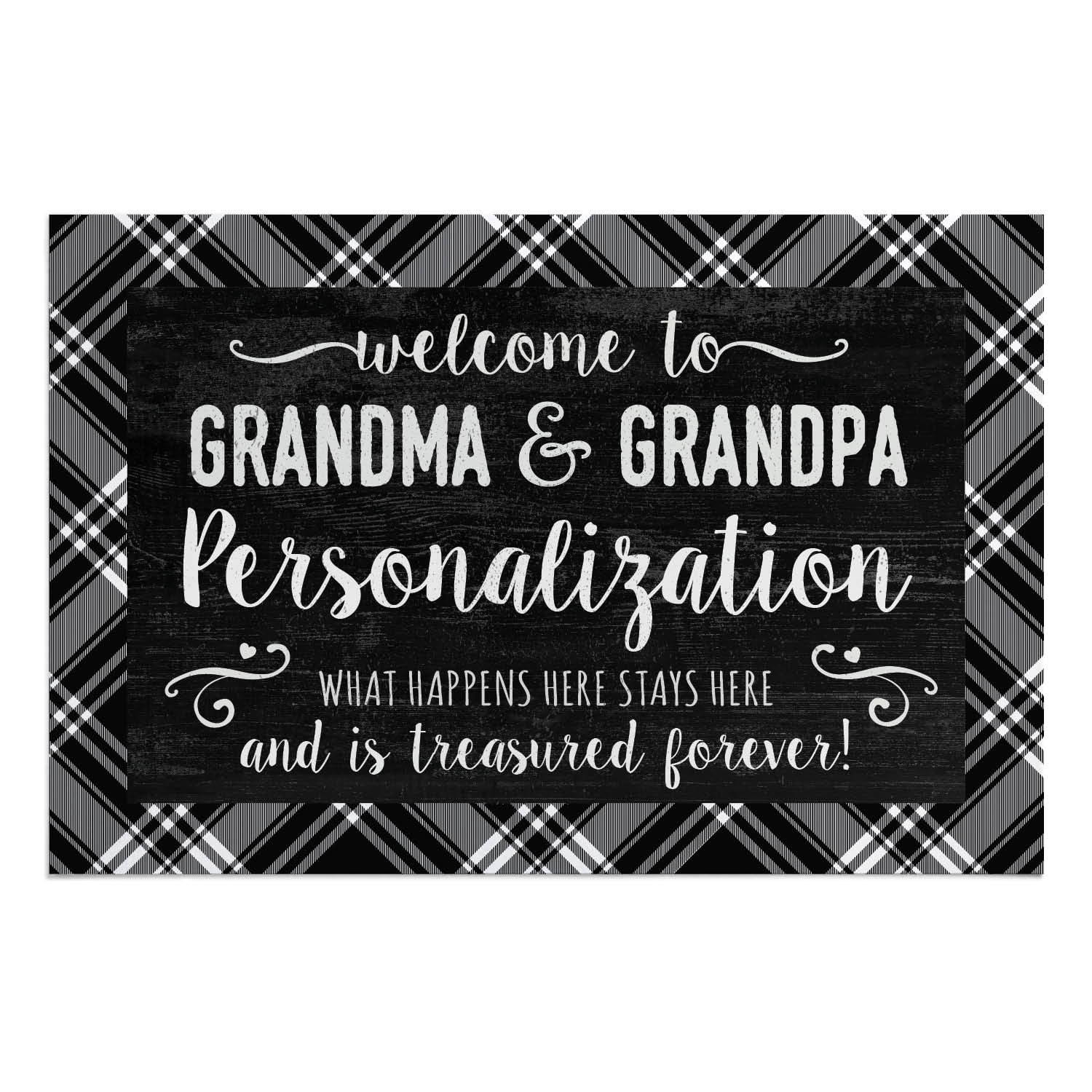 Personalized Planet 27x18 Treasured Forever Welcome to Grandma and Grandpa Doormat with Custom Family Name Printed on Black Rectangular 1/8” Thick Non Slip Mat for Kitchen Hallway Deck or Porch