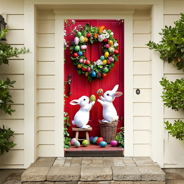 Fiudx Cortina de Pascua para Puerta, Decoración Multicolor Vibrante, Tela de Nailon y Licra Resistente, Diseño de Fácil Instalación, Ideal para Festividades, Embellece La Pared Del Jardín, Regalo Per