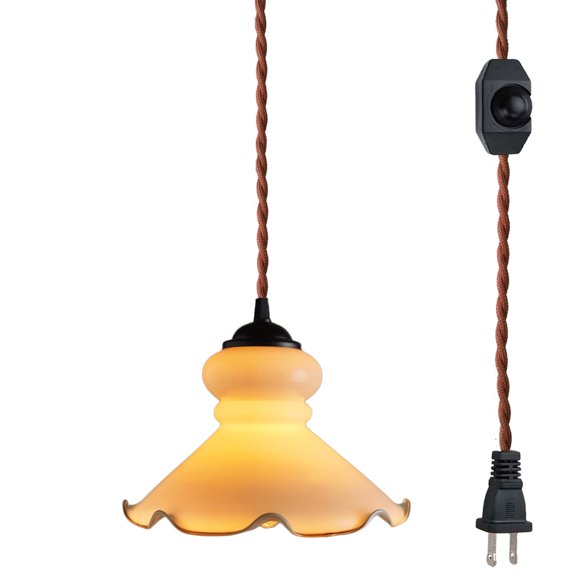 FSLiving Hanging Swag Lamp Emerald Pendant Light with 15ft Plug-in UL Dimmable Cord Black Finished E26 Socket Sunny Doll Retro White Hand-Made Glass Lamp Hanging Lamp,Bulbs Not Included - 1 Pack
