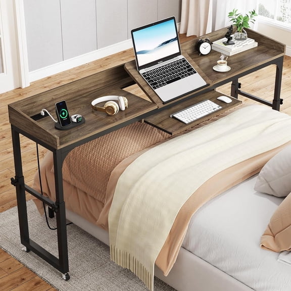 Tribesigns Height Adjustable Overbed Table with Wheels, Queen Size Mobile Over Bed Desk with Adjustable Tilt Stand, Mobile Laptop Cart Computer Desk with Outlets & USB Ports for Home and Hospital