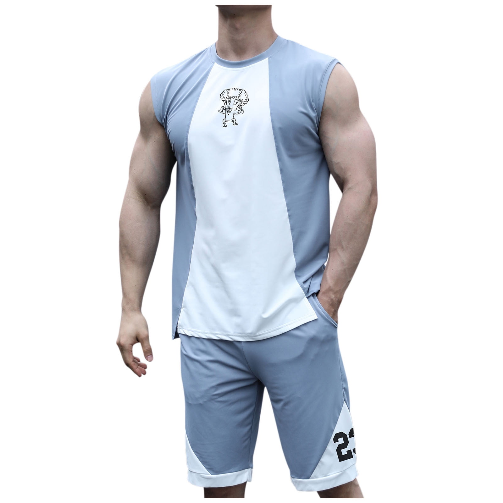 VBTAPA Mens Shorts Sets 2 Piece Casual Sports Outfits Color Block Basketball Shirt and Shorts Set Breathable Summer Tracksuits with Pockets Back to College Deals Lake Blue L