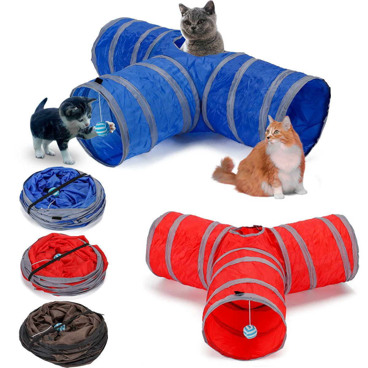 Spencer Pet Cat Tunnel, 3-Way Tunnels Extensible Collapsible Tube Pet Play Tent Interactive Toy with 1 Play Ball for Rabbits, Kittens and Dogs (Blue)