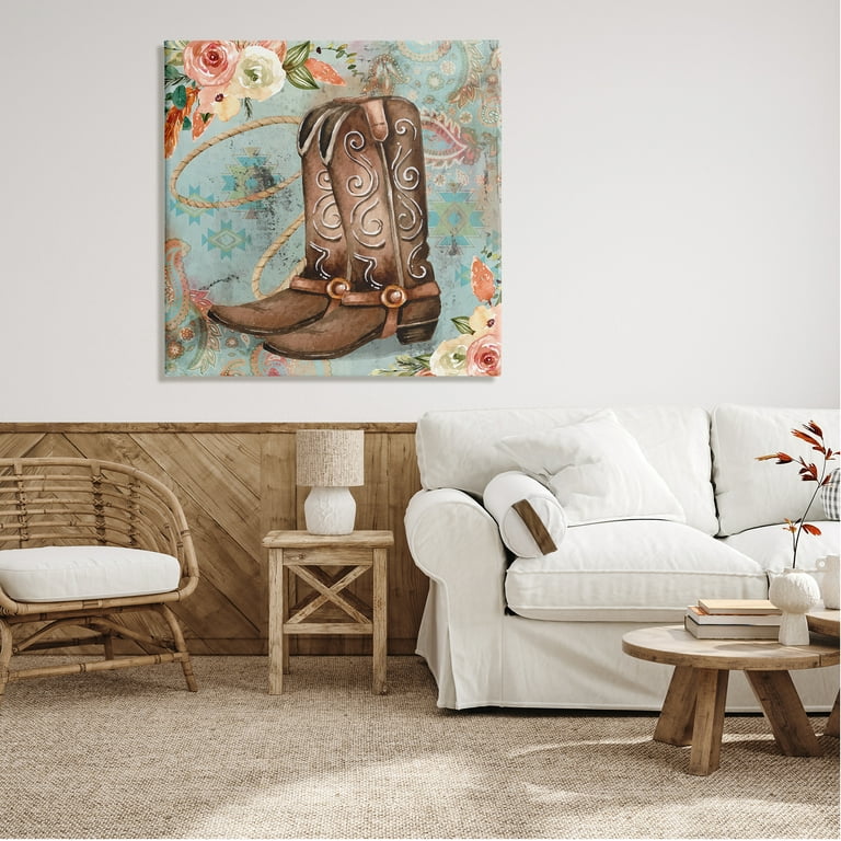 Stupell Cowboy Boots Western Paisley Florals Botanical Floral Painting Gallery Wrapped Canvas Print Wall Art