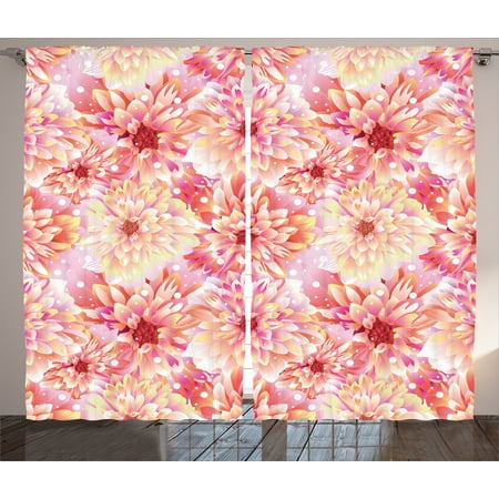 Dahlia Flower Decor Curtains 2 Panels Set, Double Apple Bloom with Overlap Axis and Twist Bluntly Circle Pompons, Window Drapes for Living Room Bedroom, 108W X 84L Inches, Pink Yellow, by