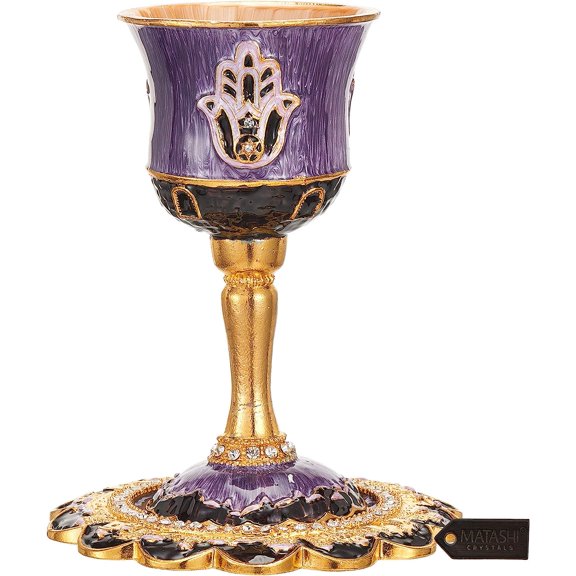 Matashi Hand-Painted Enamel Tall 5" Kiddush Cup Set with Stem and Tray for Hamsa Weddings Shabbat Havdalah Passover Goblet Judaica Gift Home Décor Blessings Cup
