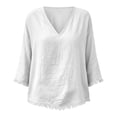 thumbnail image 4 of Qzwdhjm Linen 3/4 Sleeve Tops for Women V Neck Loose Fit Shirts with Frayed Hem Summer Fall Casual Blouses for Dailywear, 4 of 8