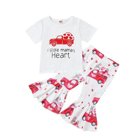 

Bagilaanoe 2Pcs Toddler Baby Girl Valentine s Day Outfits Letter Print Short Sleeve T-Shirts Tops + Flare Trousers 9M 12M 2T 3T 4T 5T Kids Long Pants Set
