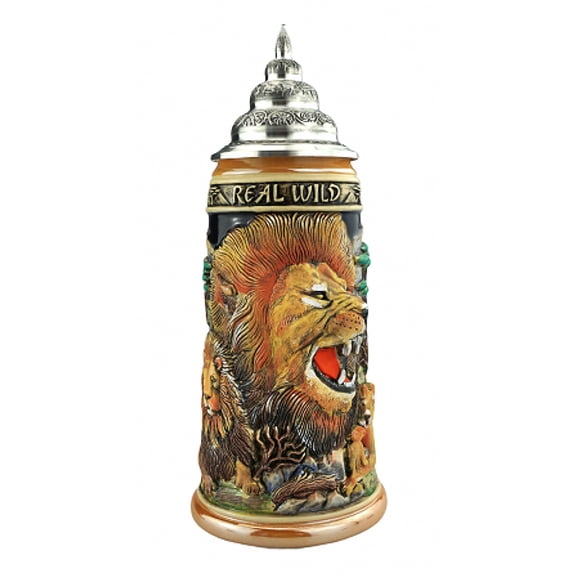 German Beer Stein Lion Stein ''The Mighty One'', 0.75 liter tankard, beer mug, cobalt, hand-painted, with pewter lid