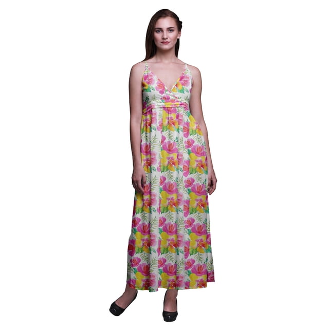 Bimba Robe Longue d'Été Sans Manches à Imprimé Teinture sur Nœuds Florale pour Femme, Décontractée, Maxi, de Plage - Grand