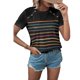 thumbnail image 2 of Camiseta de Mujer Cuello Redondo Botón de Hombro Manga Corta Patrón de Rayas Elegante Casual Mujer Top de Verano para Vacaciones Diario Negro XL, 2 of 6