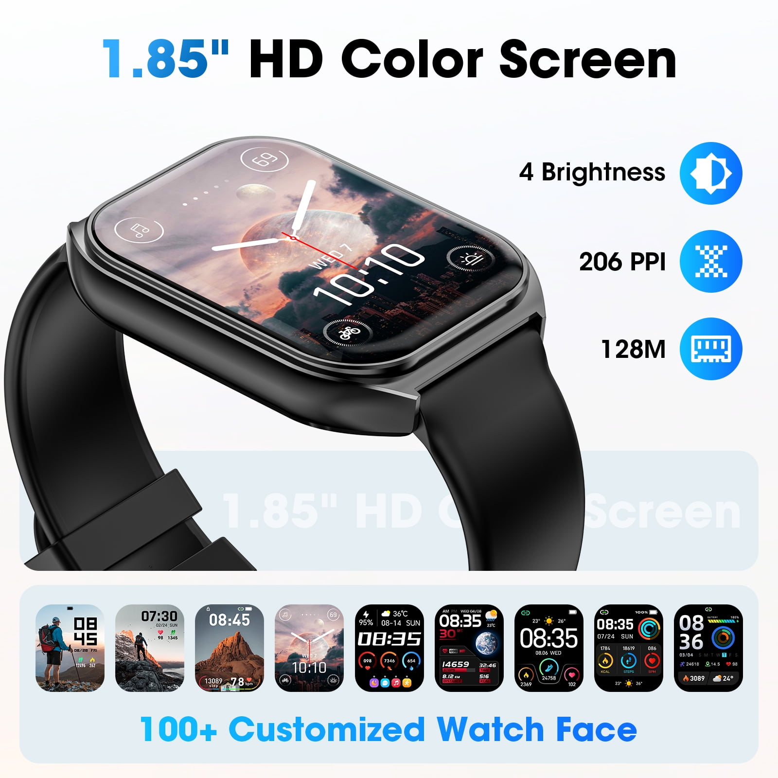 Mingdaln 2025 New 1.85-inch Men Women's Smartwatch with Answer/Make Calls/120+ Sport Modes/Message Reminder, IP68 Waterproof,Fitness Tracker fits for Android iPhone Devices（Black）
