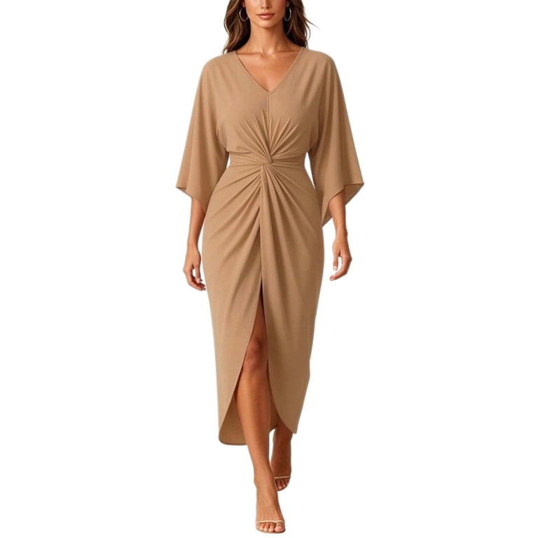 khaki bodycon midi dress Editum Khaki Colorblock Bodycon Midi Dress Women's Mini Cocktail Sundress Round Neck Sleeveless Waist Cinched Textured Elegant Daily Commute,L