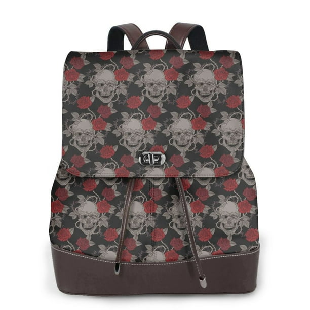 Disketp Skull and Red Roses Mochila de Cuero para Mujer, Bolso de Espalda Antirrobo con Estilo para Viaje, Trabajo y Uso Diario
