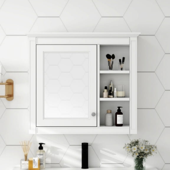 30"x 28" Wall Mounted Bathroom Medicine Cabinet with Mirror, Bathroom Storage Cabinet with Adjustable Shelf & 3 Open Shelves, Modern MDF Mirror Cabinet, White