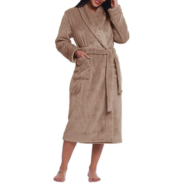 Women Plush Fleece Robe Long Warm Bathrobe Shawl Collar/Hood
