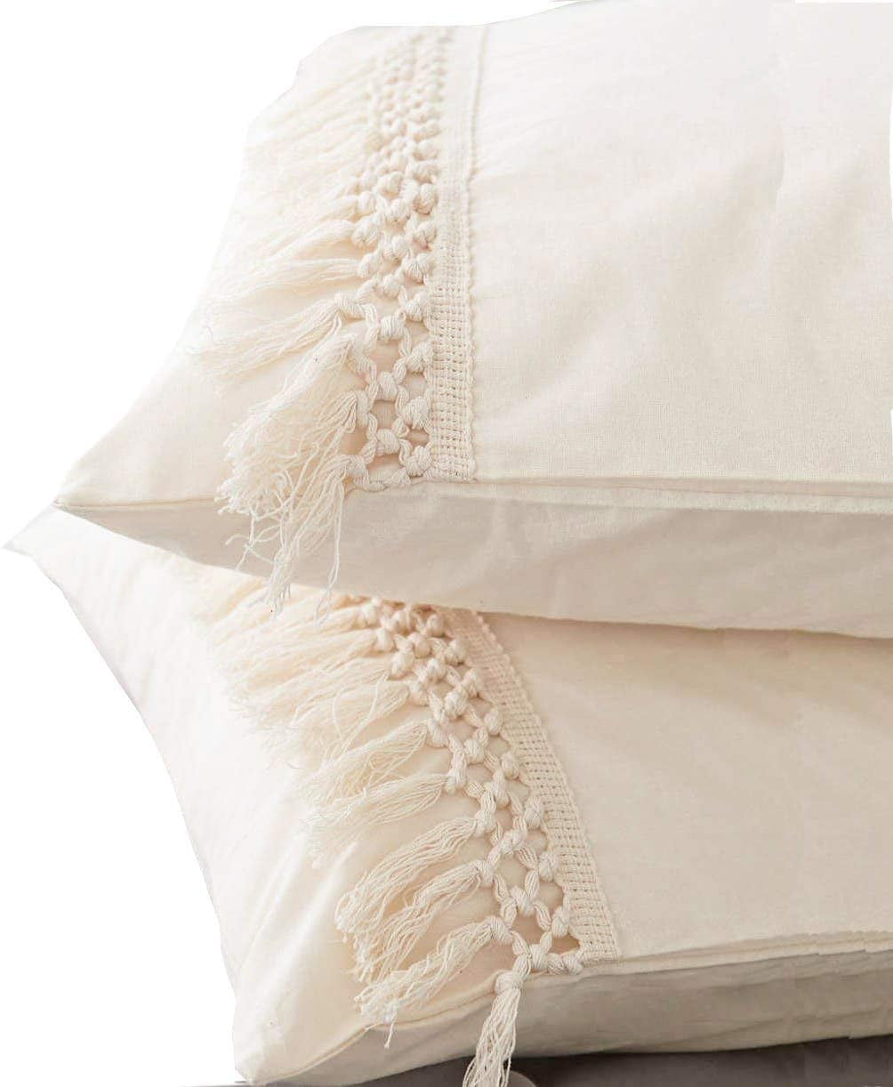 Flber Tufted Tassel Sham Set Lattice Cotton Pillow Covers,19.7in x35.5in,Set of 2