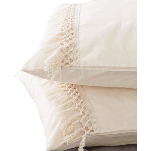White Pillowcases Tassel Sham Cotton Pillow Covers,Set of 2 18.9in x29.1in