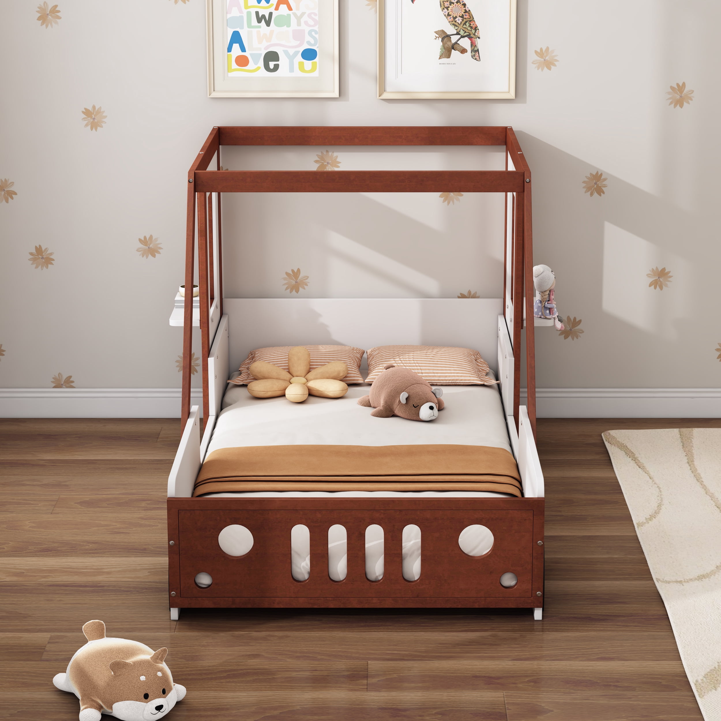 Twin Size Fun Play Car Bed in White+Orange, Solid Wood and MDF Frame, Kids Platform Bed for Boys, Girls and Teens