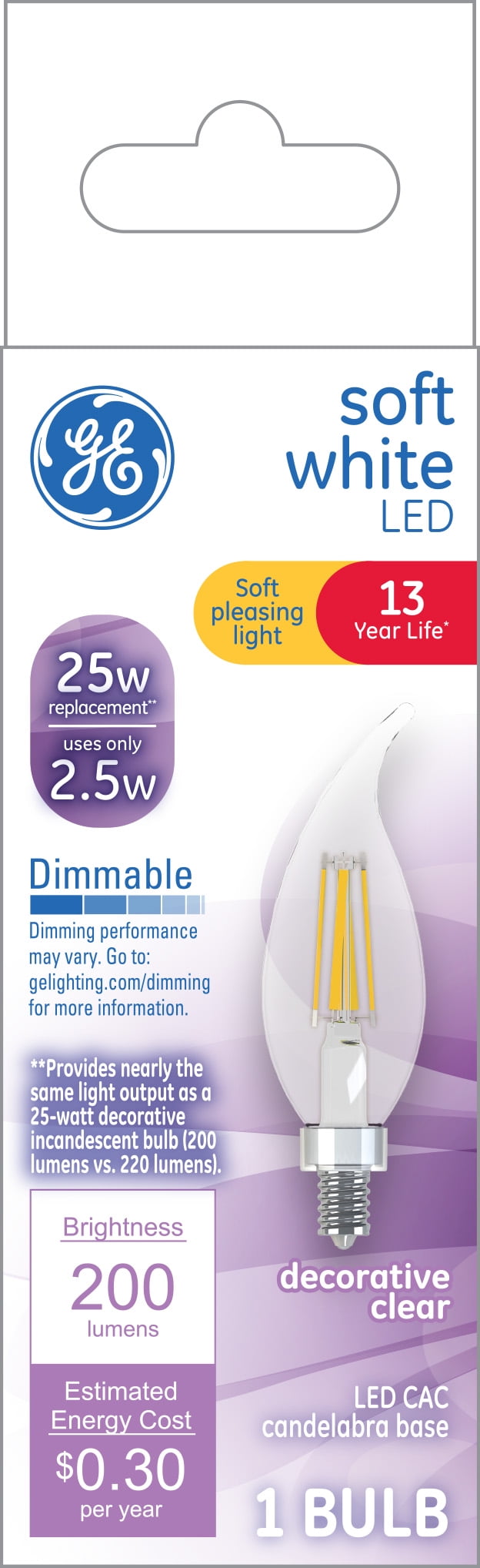 GE Soft White LED Decorative Light Bulbs, 25 Watt Eqv, 13 year, 1pk