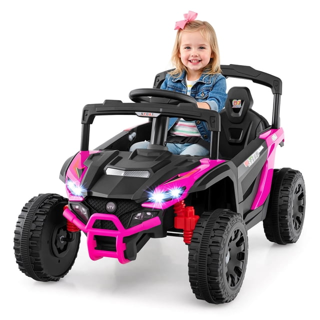 Costway 12V Kids Ride On Car Battery Powered Electric Remote Control LED Lights Music Suitable for 1 kid Rose & Black