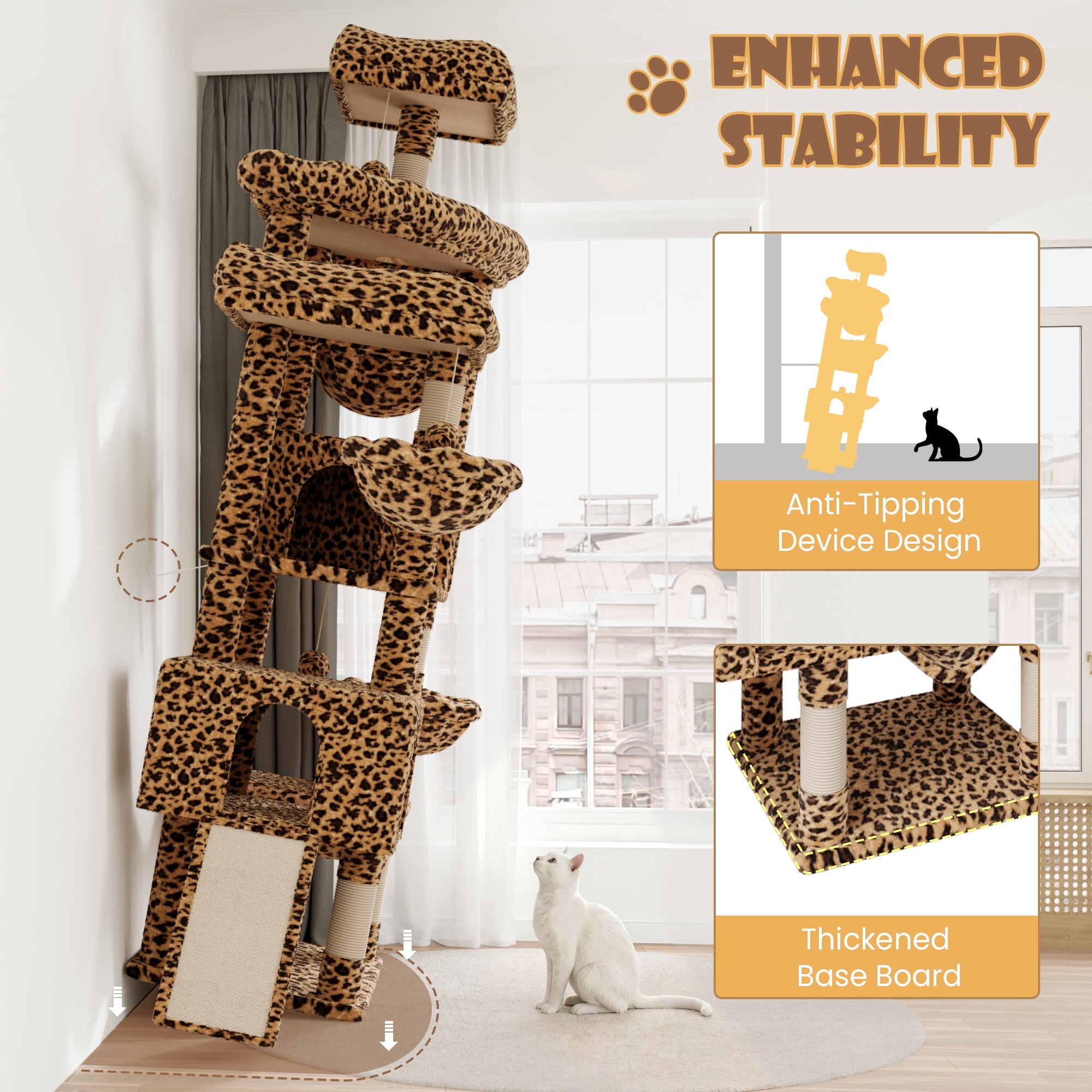 Merrland 82" Multi-Level Large Cat Tree Tower for Indoor Kitties, Cat Furniture with Plush Condo Hammock Top Perch, Sisal Scratching Posts & Ramp, Leopard Print