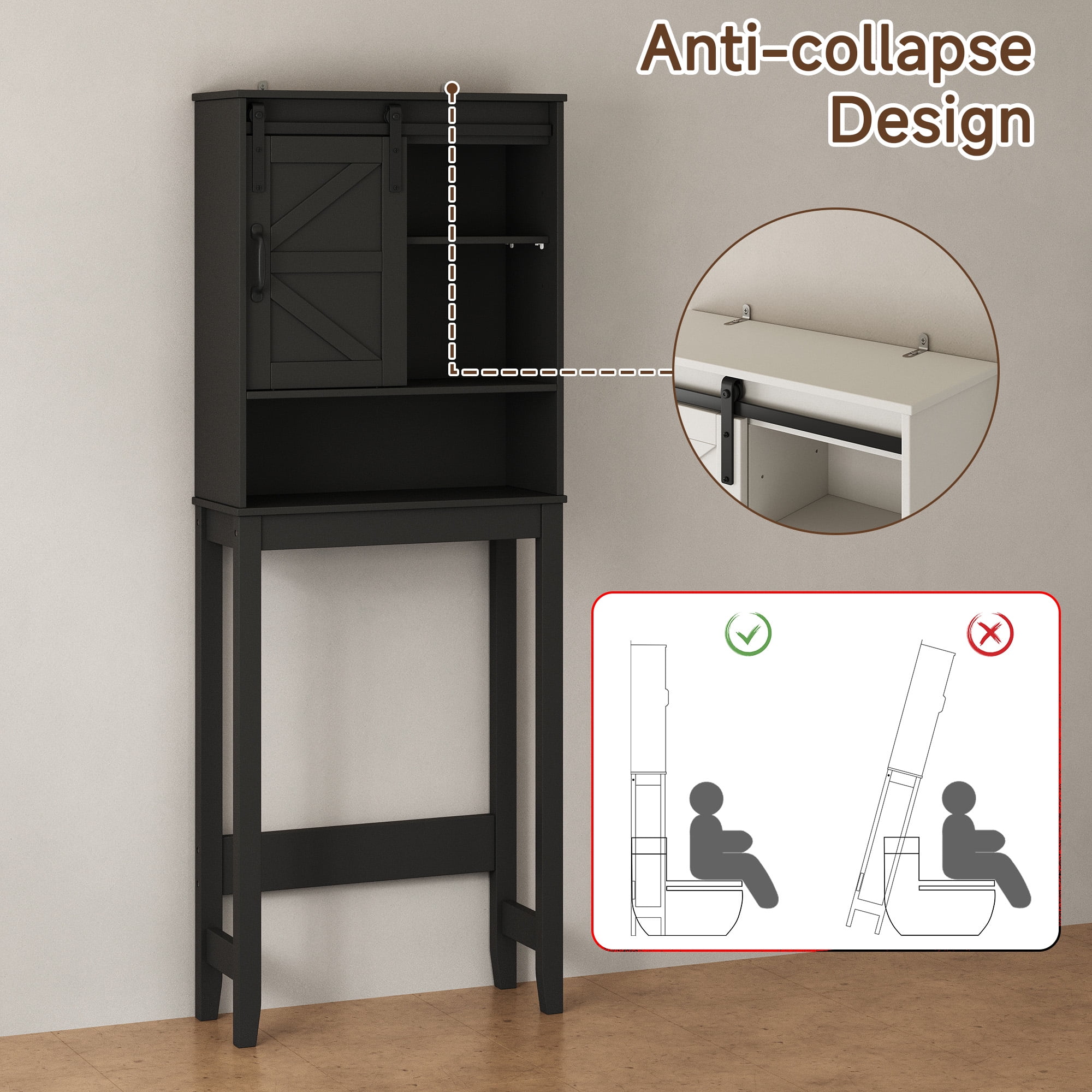 Over the Toilet Storage Cabinet, Bathroom Space Saver Organizer with Sliding Barn Door, Anti-Tipping Design, Waterproof, Adjustable Shelves for Laundry Room Organization