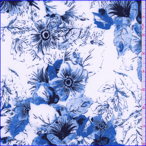 White/Blue Floral Scuba Knit, Fabric Sold By the Yard
