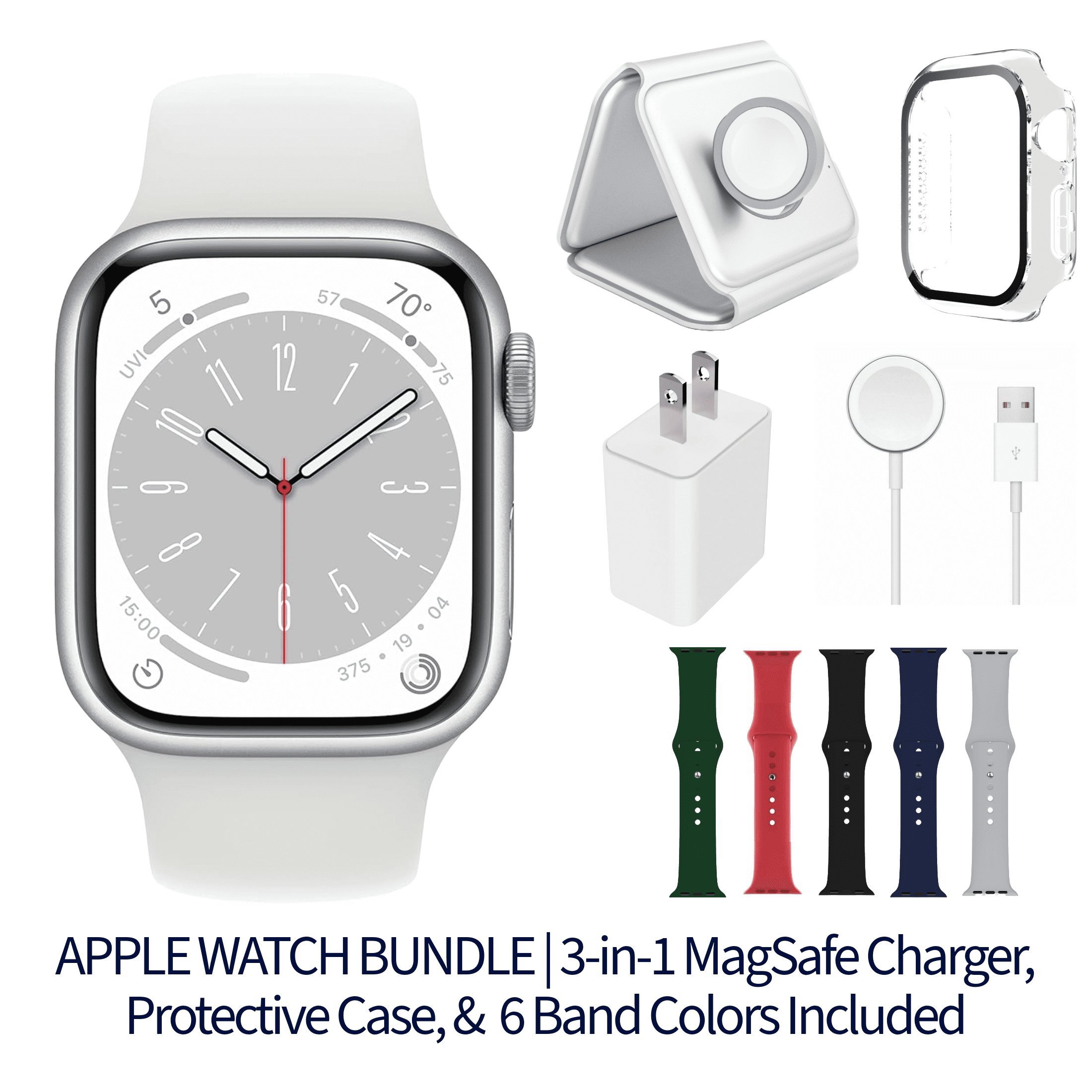 Restored Apple Watch Series 8 Bundle – 45mm Gps + Cellular Silver (2022) – Magnetic Charger & Sport Band Included (Refurbished)