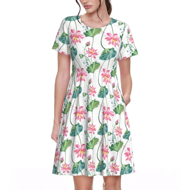 Balery Lotus Flower Vestidos sueltos de manga corta para mujer, vestidos de verano 2025, vestidos casuales de corte A con vuelo.