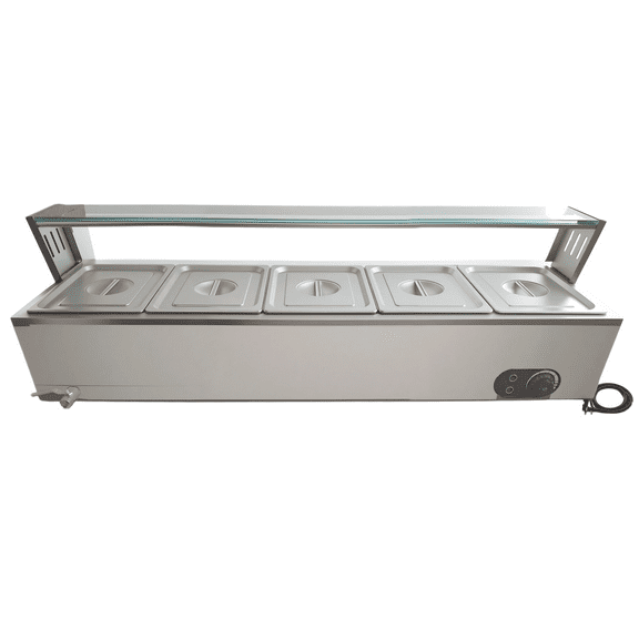 Commercial Food Warmer  Stainless Steel Buffet Server with Tempered Glass Guard, Electric Countertop Bain Marie Steam Table for Catering