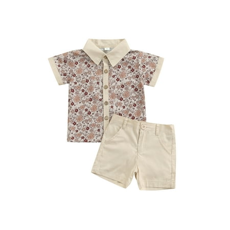 

2Pcs Kids Baby Boys Gentleman Clothes Sets Floral Print Short Sleeve Shirt Top+Solid Shorts Outfits