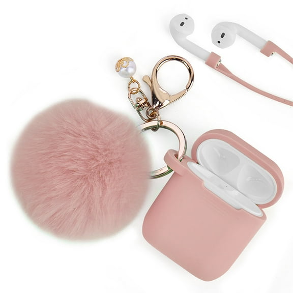 Apple AirPods Case Silicone Skin Cute Fur Ball Ornament Keychain & Strap 3 in 1 Fashion Premium Thick TPU Gummy Luxury Soft Protective Earphone Cover [PINK] for Apple AirPods 2 & 1