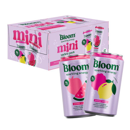 Bloom Sparkling Energy Mini Cans Variety Pack, Strawberry Watermelon (6), Raspberry Lemon (6), 7.5 oz Cans, 12 pack