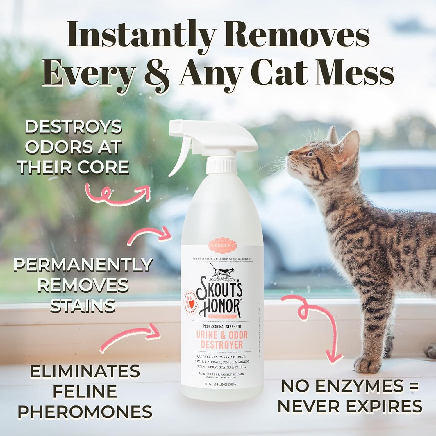 Cat Urine & Odor Destroyer - Professional Strength, Plant-Powered, Cruelty-Free Urine Eliminator for Carpets and Indoor Living Spaces, 35 oz.