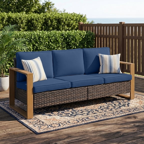Unnifurnzi Outdoor Wicker Couch-3 Seater High Back Patio Couch Patio Sofa for Deck Porch Garden Balcony Poolside-Brown/Blue