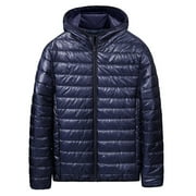 Men's Winter Hooded Jacket Zipper Quilted Coats with Zip Pocket Long Sleeve Padded Outwear Coat Navy M