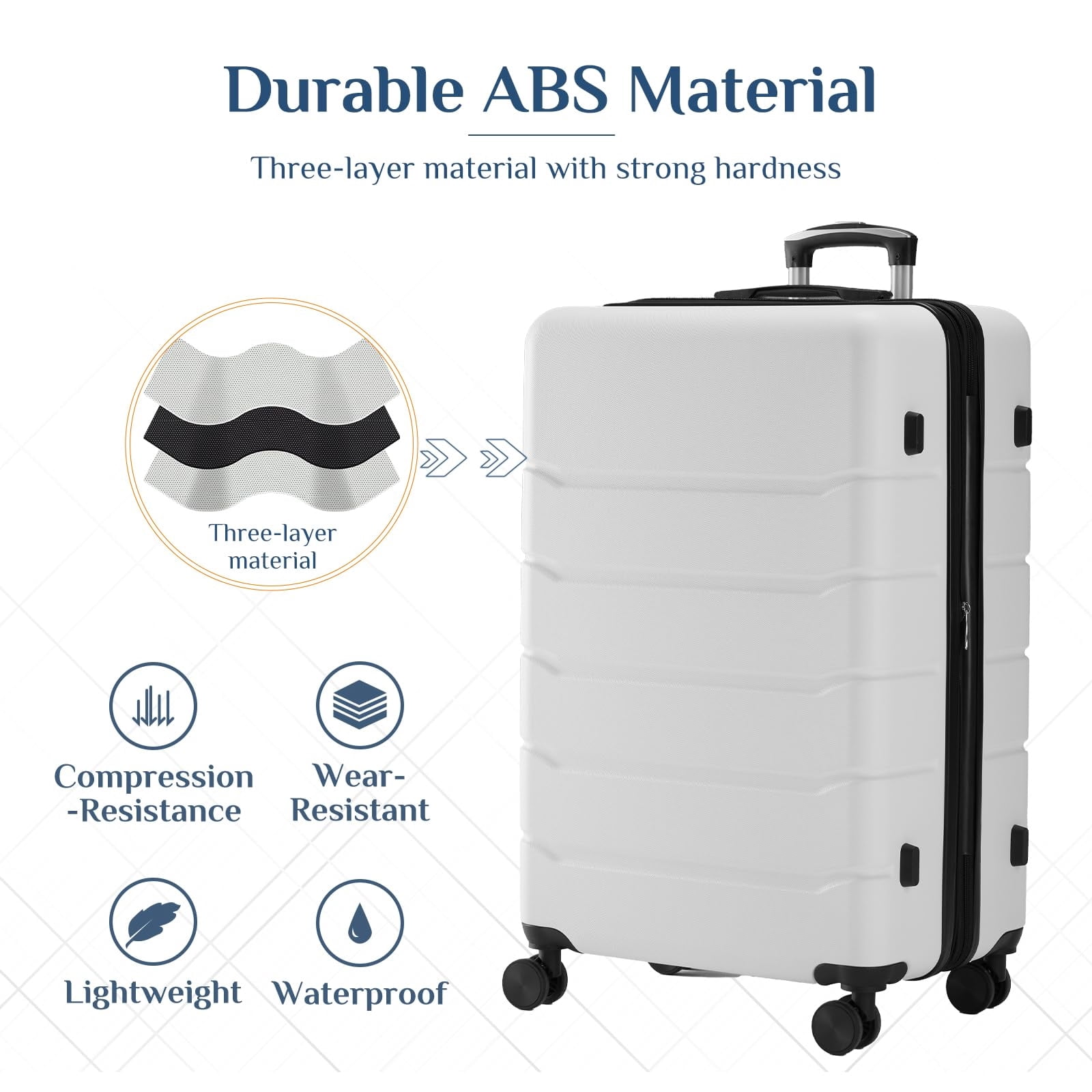 Kelno Medium Checked Luggage with Spinner Wheels ABS Hard Shell Suitcase Expandable Rolling Luggage with TSA Lock, White