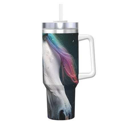 

Cauagu Colorful Haired White Horse Print Stainless Steel Vacuum Insulated Tumbler 40oz Water Bottle with Handle & Flip Straw Reusable Travel Coffee Mug for Women & Men