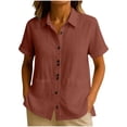 thumbnail image 3 of QIUOMBBP Linen Button Down Shirts for Women Short Sleeve Lapel Collared Tops with Pocket Loose Breathable Summer Business Casual Tees Wine L, 3 of 8