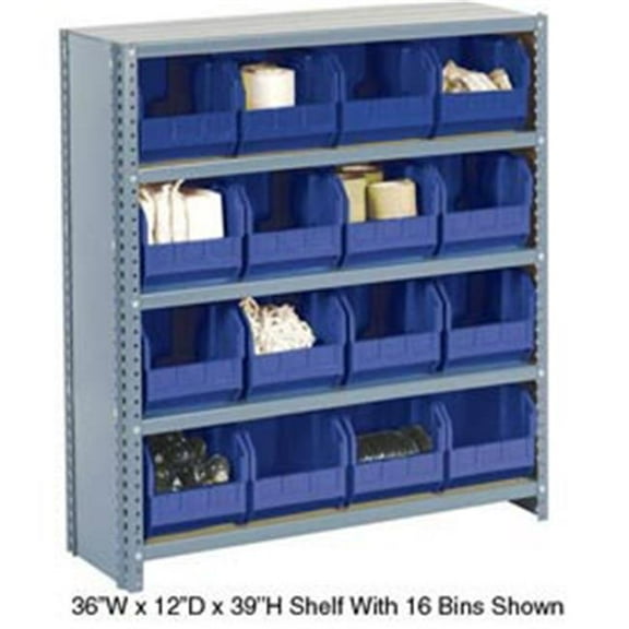 Steel Closed Shelving with 18 Blue Plastic Stacking Bins 10 Shelves 36 x 18 x 73 in.